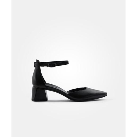 Paul Green Black Leather Ankle Strap Heels  UK 8.5/US 11 Block Heel Pointed Toe - Picture 1 of 10